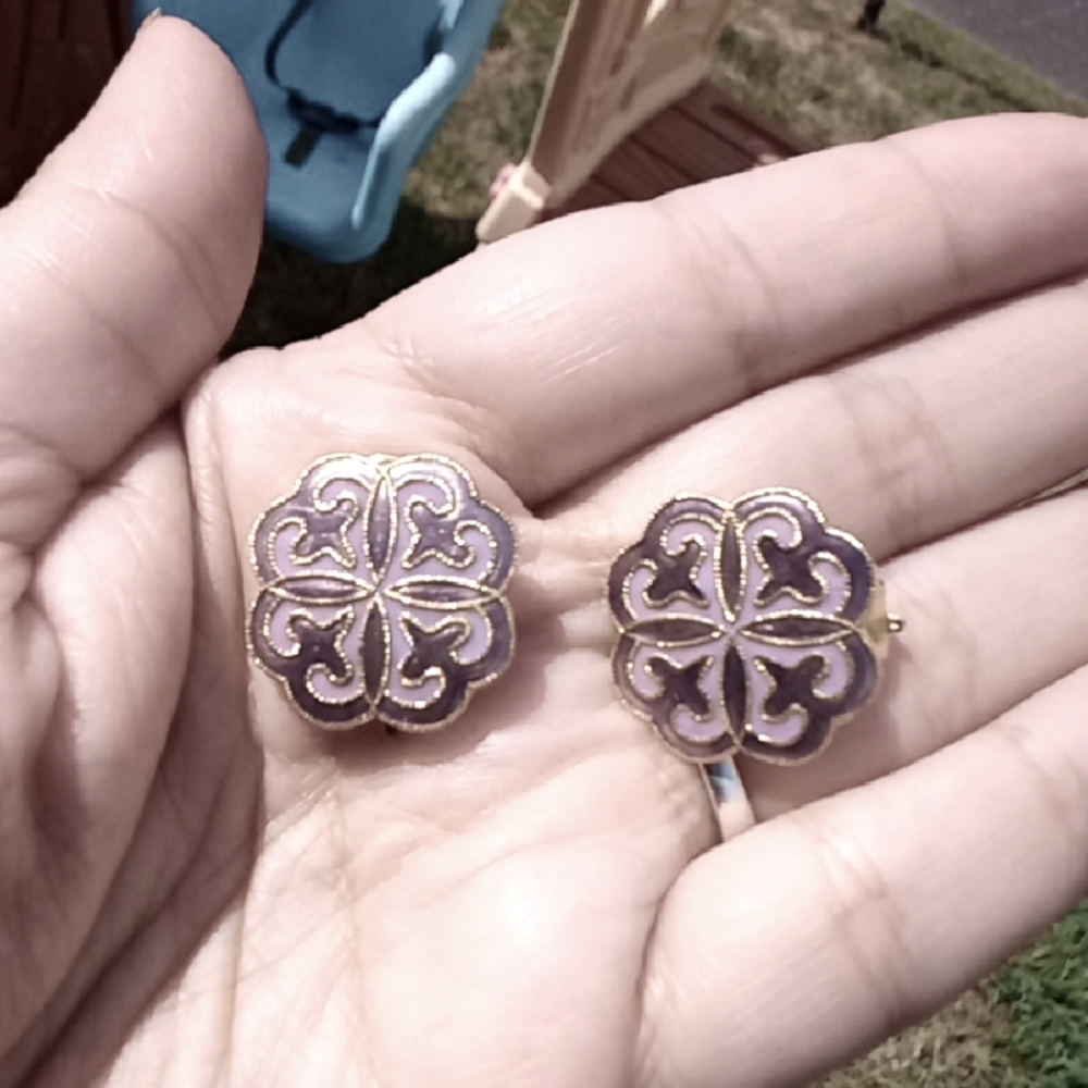 Elegant Purple and Gold Floral Clip On  Earrings EUC